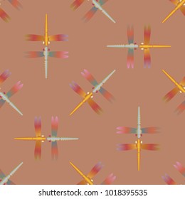Decorative colored seamless pattern with cute dragonfly. Vintage background with many dragonflies silhouettes for your design.