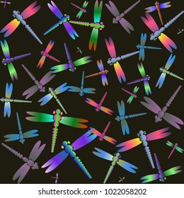Decorative colored seamless pattern with cute dragonfly. Vintage background with many dragonflies silhouettes for your design.