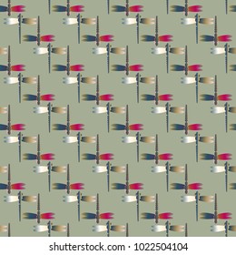Decorative colored seamless pattern with cute dragonfly. Vintage background with many dragonflies silhouettes for your design.