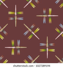 Decorative colored seamless pattern with cute dragonfly. Vintage background with many dragonflies silhouettes for your design.
