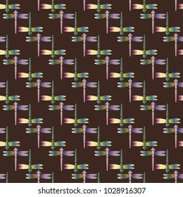 Decorative colored seamless pattern with cute dragonfly. Vintage background with many dragonflies silhouettes for your design.