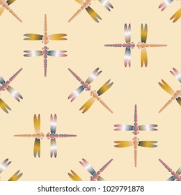Decorative colored seamless pattern with cute dragonfly. Vintage background with many dragonflies silhouettes for your design.