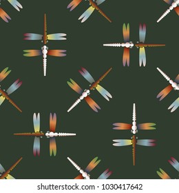 Decorative colored seamless pattern with cute dragonfly. Vintage background with many dragonflies silhouettes for your design.