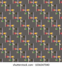 Decorative colored seamless pattern with cute dragonfly. Vintage background with many dragonflies silhouettes for your design.