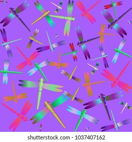Decorative colored seamless pattern with cute dragonfly. Vintage background with many dragonflies silhouettes for your design.
