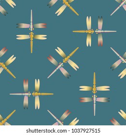 Decorative colored seamless pattern with cute dragonfly. Vintage background with many dragonflies silhouettes for your design.