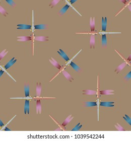 Decorative colored seamless pattern with cute dragonfly. Vintage background with many dragonflies silhouettes for your design.