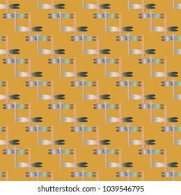 Decorative colored seamless pattern with cute dragonfly. Vintage background with many dragonflies silhouettes for your design.