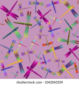Decorative colored seamless pattern with cute dragonfly. Vintage background with many dragonflies silhouettes for your design.