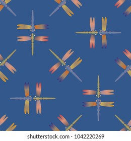 Decorative colored seamless pattern with cute dragonfly. Vintage background with many dragonflies silhouettes for your design.