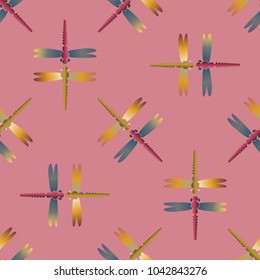 Decorative colored seamless pattern with cute dragonfly. Vintage background with many dragonflies silhouettes for your design.