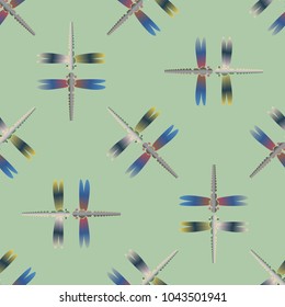 Decorative colored seamless pattern with cute dragonfly. Vintage background with many dragonflies silhouettes for your design.