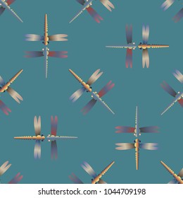 Decorative colored seamless pattern with cute dragonfly. Vintage background with many dragonflies silhouettes for your design.
