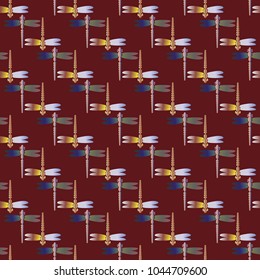 Decorative colored seamless pattern with cute dragonfly. Vintage background with many dragonflies silhouettes for your design.