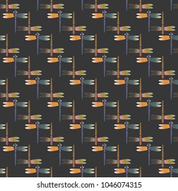 Decorative colored seamless pattern with cute dragonfly. Vintage background with many dragonflies silhouettes for your design.