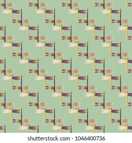Decorative colored seamless pattern with cute dragonfly. Vintage background with many dragonflies silhouettes for your design.