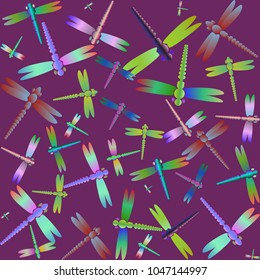 Decorative colored seamless pattern with cute dragonfly. Vintage background with many dragonflies silhouettes for your design.