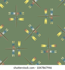 Decorative colored seamless pattern with cute dragonfly. Vintage background with many dragonflies silhouettes for your design.