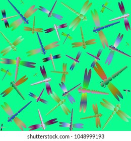 Decorative colored seamless pattern with cute dragonfly. Vintage background with many dragonflies silhouettes for your design.