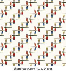 Decorative colored seamless pattern with cute dragonfly. Vintage background with many dragonflies silhouettes for your design.