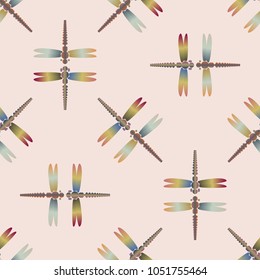 Decorative colored seamless pattern with cute dragonfly. Vintage background with many dragonflies silhouettes for your design.