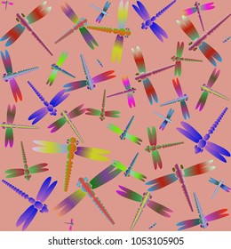 Decorative colored seamless pattern with cute dragonfly. Vintage background with many dragonflies silhouettes for your design.
