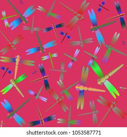 Decorative colored seamless pattern with cute dragonfly. Vintage background with many dragonflies silhouettes for your design.