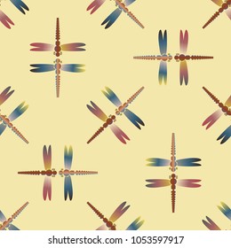 Decorative colored seamless pattern with cute dragonfly. Vintage background with many dragonflies silhouettes for your design.