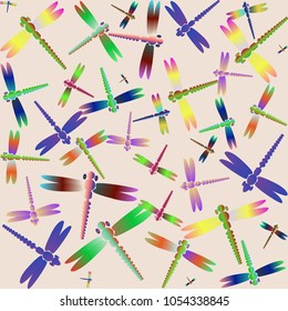 Decorative colored seamless pattern with cute dragonfly. Vintage background with many dragonflies silhouettes for your design.