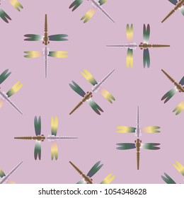 Decorative colored seamless pattern with cute dragonfly. Vintage background with many dragonflies silhouettes for your design.