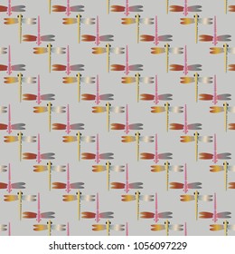 Decorative colored seamless pattern with cute dragonfly. Vintage background with many dragonflies silhouettes for your design.