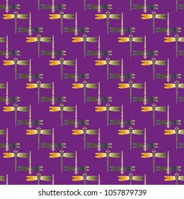 Decorative colored seamless pattern with cute dragonfly. Vintage background with many dragonflies silhouettes for your design.