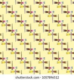 Decorative colored seamless pattern with cute dragonfly. Vintage background with many dragonflies silhouettes for your design.