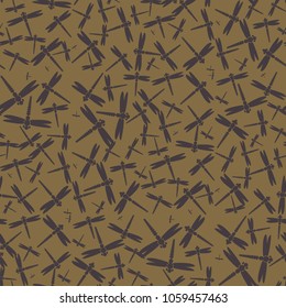 Decorative colored seamless pattern with cute dragonfly. Vintage background with many dragonflies silhouettes for your design.