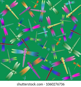 Decorative colored seamless pattern with cute dragonfly. Vintage background with many dragonflies silhouettes for your design.