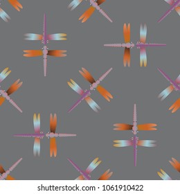 Decorative colored seamless pattern with cute dragonfly. Vintage background with many dragonflies silhouettes for your design.