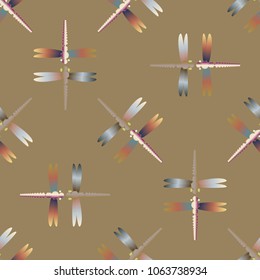 Decorative colored seamless pattern with cute dragonfly. Vintage background with many dragonflies silhouettes for your design.
