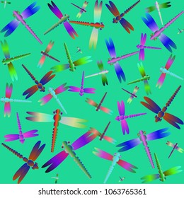 Decorative colored seamless pattern with cute dragonfly. Vintage background with many dragonflies silhouettes for your design.