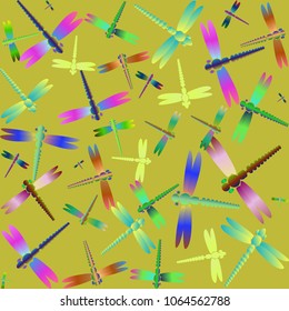 Decorative colored seamless pattern with cute dragonfly. Vintage background with many dragonflies silhouettes for your design.