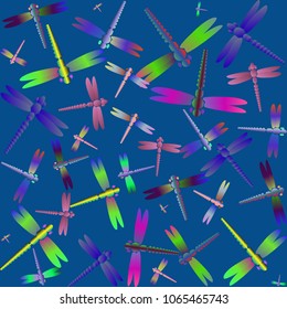 Decorative colored seamless pattern with cute dragonfly. Vintage background with many dragonflies silhouettes for your design.