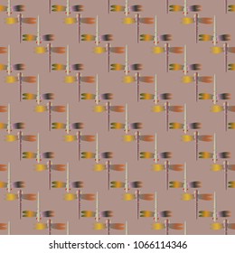 Decorative colored seamless pattern with cute dragonfly. Vintage background with many dragonflies silhouettes for your design.