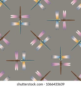 Decorative colored seamless pattern with cute dragonfly. Vintage background with many dragonflies silhouettes for your design.