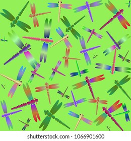 Decorative colored seamless pattern with cute dragonfly. Vintage background with many dragonflies silhouettes for your design.