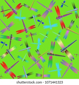 Decorative colored seamless pattern with cute dragonfly. Vintage background with many dragonflies silhouettes for your design.