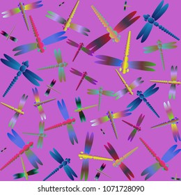 Decorative colored seamless pattern with cute dragonfly. Vintage background with many dragonflies silhouettes for your design.