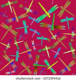 Decorative colored seamless pattern with cute dragonfly. Vintage background with many dragonflies silhouettes for your design.