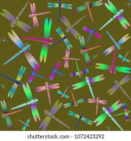 Decorative colored seamless pattern with cute dragonfly. Vintage background with many dragonflies silhouettes for your design.