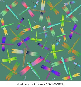 Decorative colored seamless pattern with cute dragonfly. Vintage background with many dragonflies silhouettes for your design.