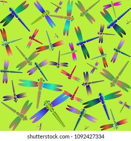 Decorative colored seamless pattern with cute dragonfly. Vintage background with many dragonflies silhouettes for your design.