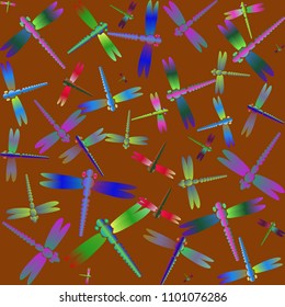 Decorative colored seamless pattern with cute dragonfly. Vintage background with many dragonflies silhouettes for your design.